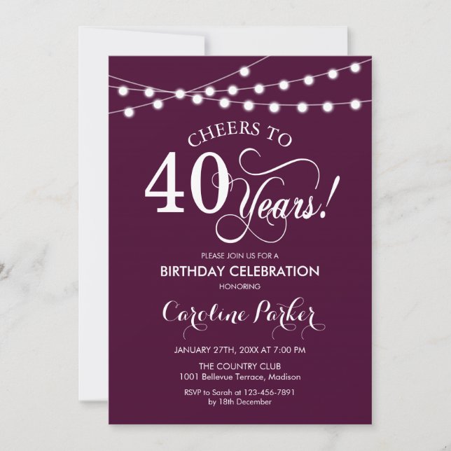 40th Birthday - Burgundy White Invitation (Front)
