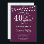 40th Birthday - Burgundy White Invitation<br><div class="desc">40th Birthday Invitation.
Elegant burgundy maroon and white design with fairy string lights and script font. Cheers to 40 years! Can be personalized into any age! Message me if you need further customization.</div>