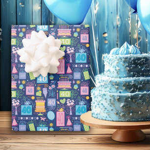 40th Birthday Cake Presents Balloons Blue Wrapping Paper Sheet