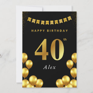 40th Birthday Card Black and Gold Balloons