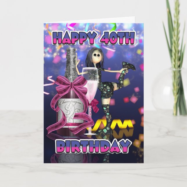 40th Birthday Card - Champagne Rag Doll (Front)
