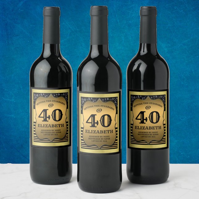 40th Birthday Celebration Black & Gold Standards Wine Label (Creator Uploaded)