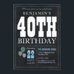 40th Birthday Chalkboard Blue Balloon Rustic Chic Invitation<br><div class="desc">Rustic Vintage Chalkboard White Blue Balloon 40th Birthday Party Invitation</div>