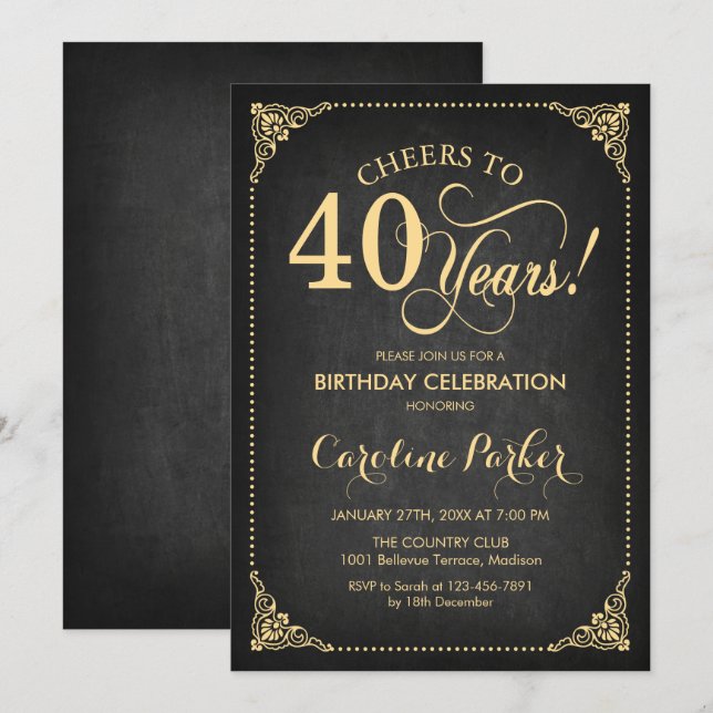 40th Birthday - Chalkboard Gold Invitation (Front/Back)
