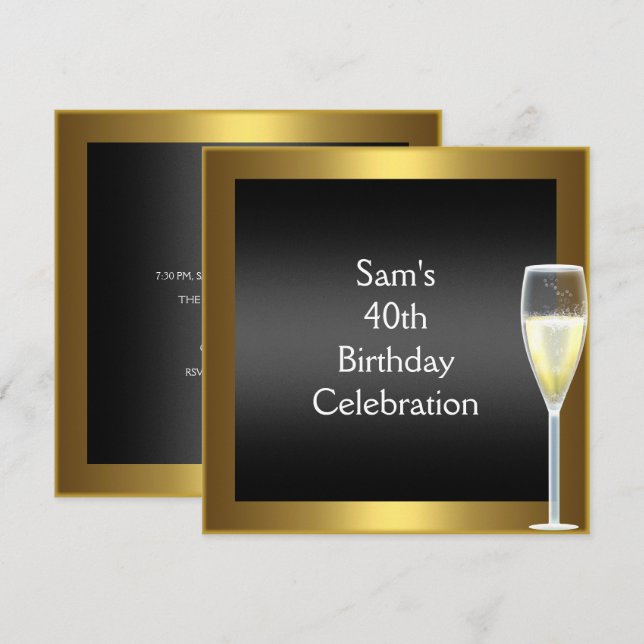 40th Birthday Champagne Gold Black Invitation (Front/Back)