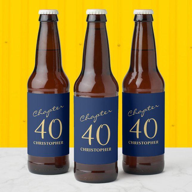 40th Birthday Chapter 40 Blue Gold Beer Bottle Label (Personalized 40th birthday beer bottle labels. Unique blue and gold design)