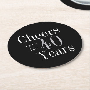 40th Birthday Cheers 40 Years Black Silver Party Round Paper Coaster