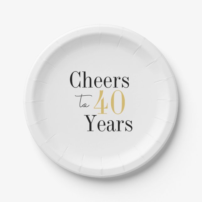 40th Birthday Cheers 40 Years Minimal Black Gold Paper Plate (Front)
