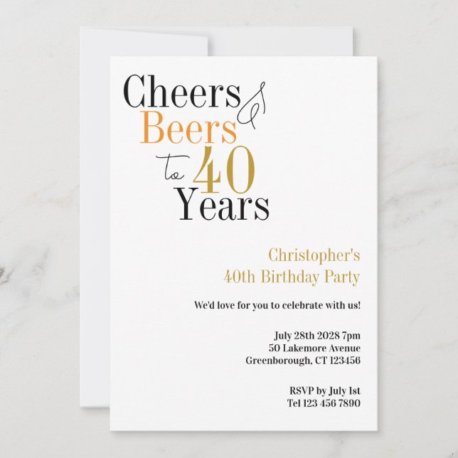 40th Birthday Cheers and Beers Minimal Party Invitation (Front)