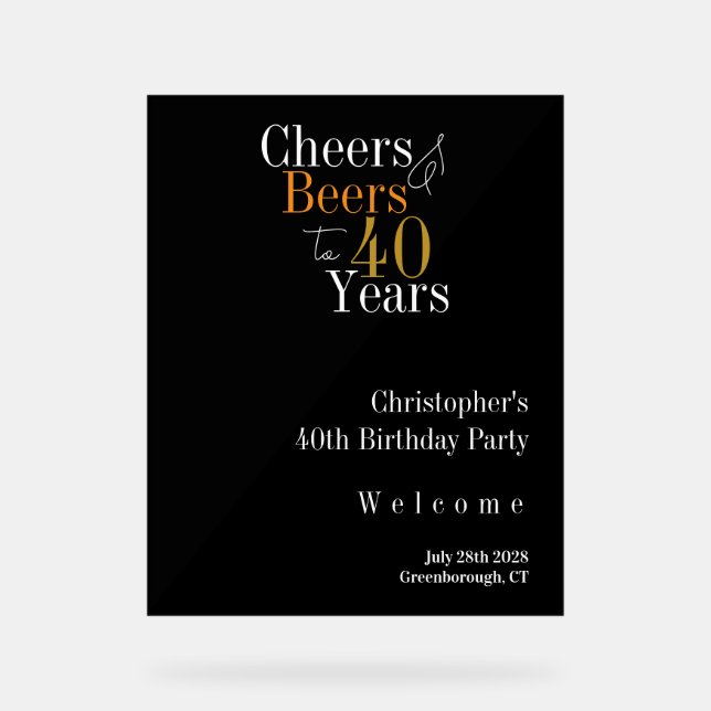 40th Birthday Cheers and Beers Party Welcome Acrylic Sign (Front)