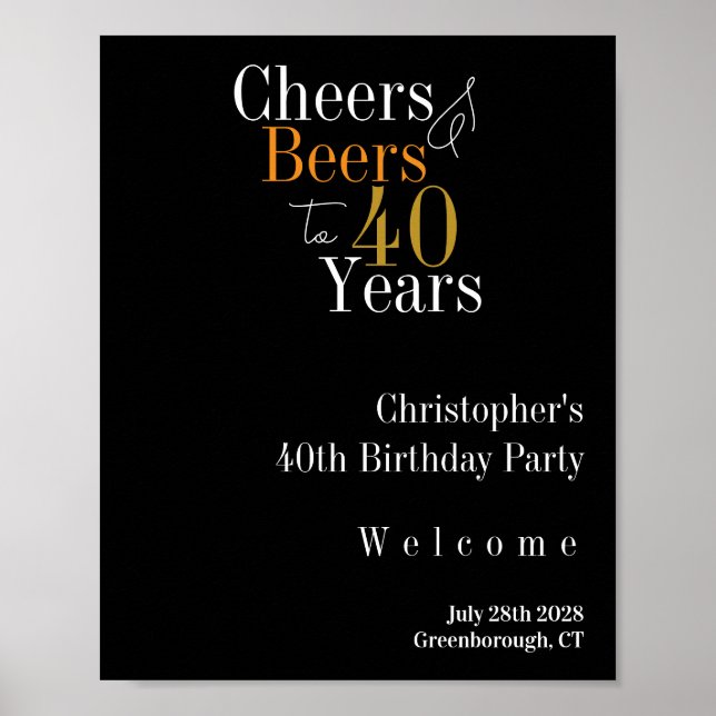 40th Birthday Cheers and Beers Party Welcome Poster (Front)