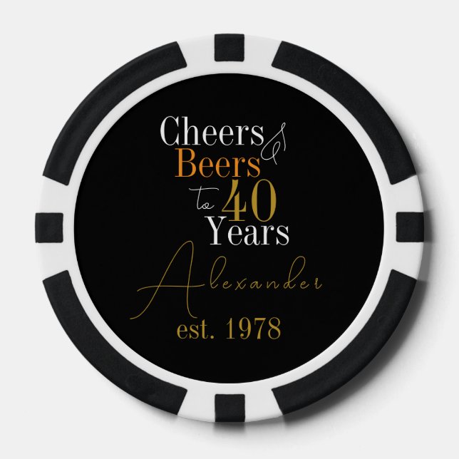 40th Birthday Cheers and Beers Personalised Name Poker Chips (Front)