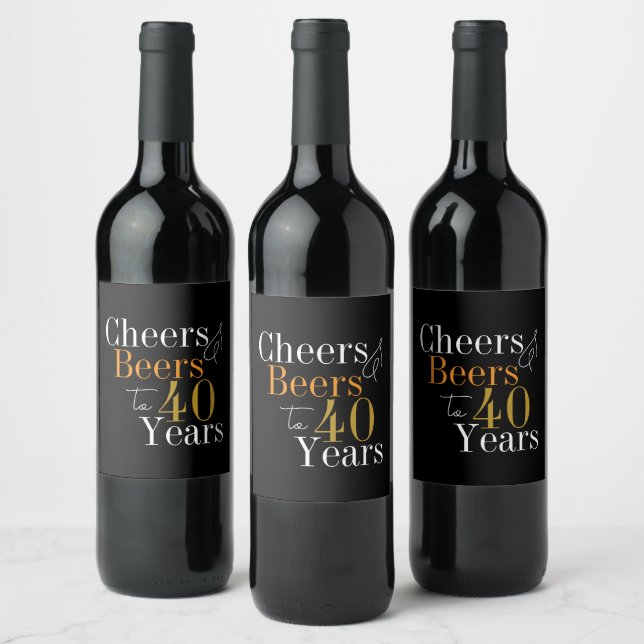 40th Birthday Cheers Beers Black Gold Party Wine Label (Bottles)