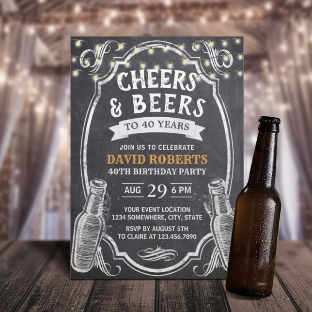 40th Birthday Cheers & Beers Rustic Chalkboard Invitation (Creator Uploaded)