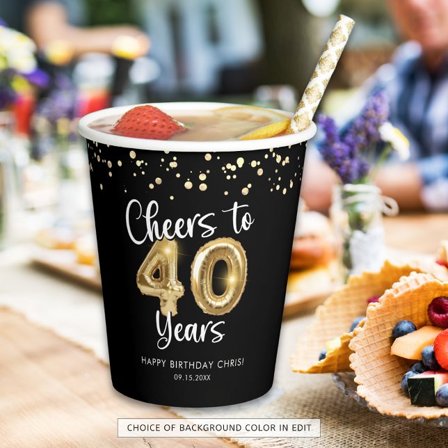 40th Birthday Cheers to 40 Years Black Gold Paper Cups (Creator Uploaded)
