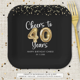 40th Birthday Cheers to 40 Years Black Gold Paper Plate