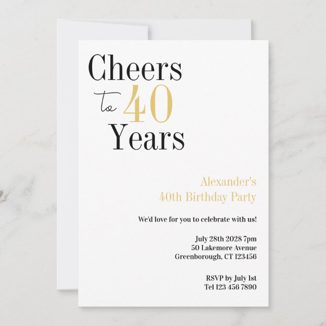 40th Birthday Cheers to 40 Years Minimal Party Invitation (Front)