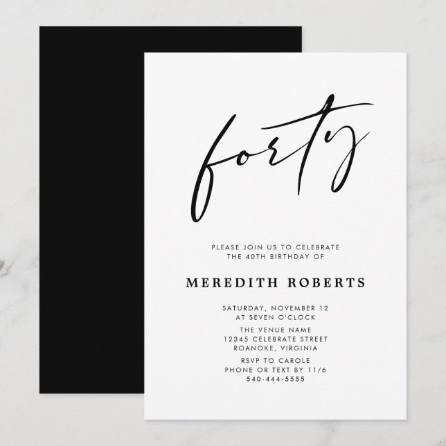  40th Birthday Chic Modern Script Minimalist Party Invitation (Front/Back)