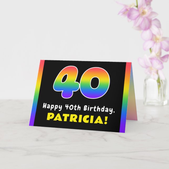 40th Birthday: Colorful Rainbow # 40, Custom Name Card (Orchid)