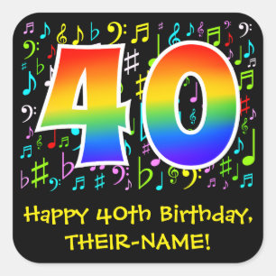 40th Birthday: Colourful Music Symbols, Rainbow 40 Square Sticker