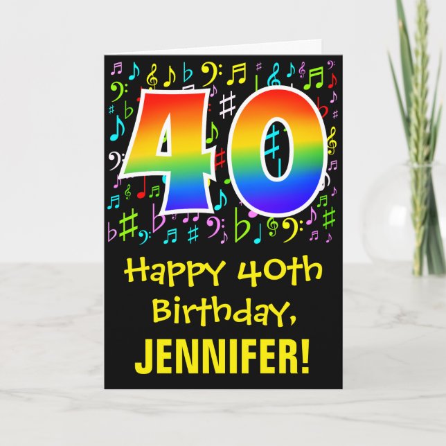 40th Birthday: Colourful Music Symbols + Rainbow 4 Card (Front)