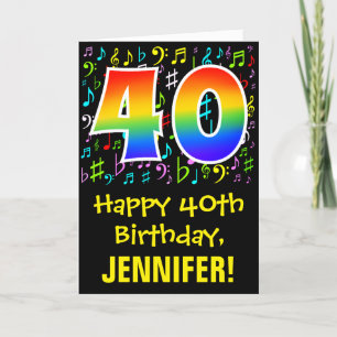 40th Birthday: Colourful Music Symbols + Rainbow 4 Card