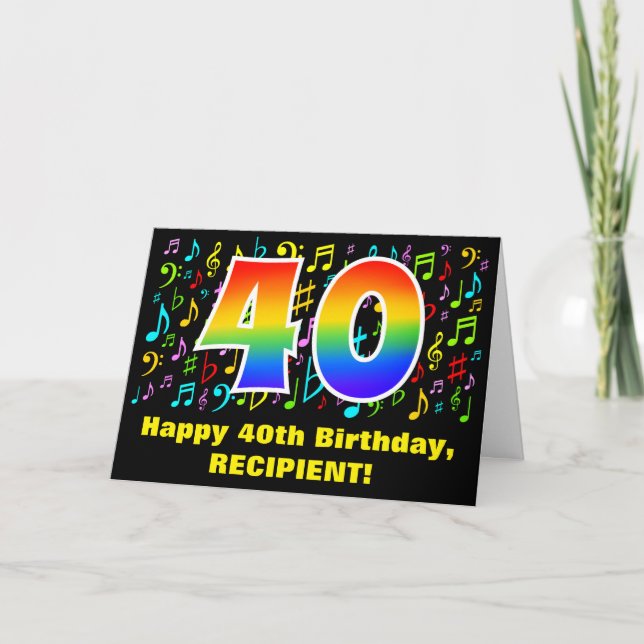 40th Birthday: Colourful Music Symbols & Rainbow 4 Card (Front)