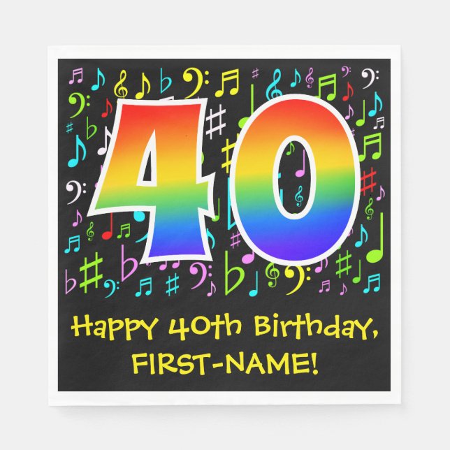 40th Birthday - Colourful Music Symbols, Rainbow 4 Napkin (Front)