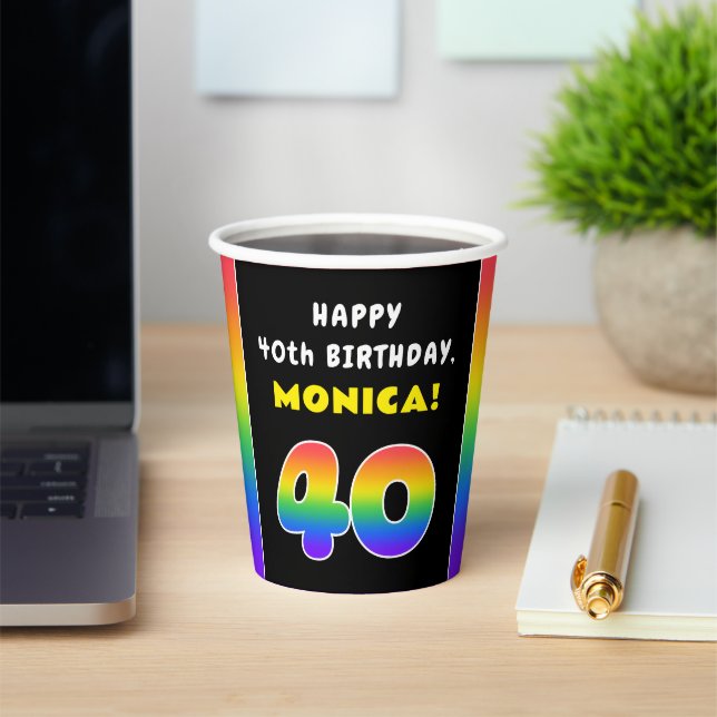 40th Birthday: Colourful Rainbow # 40, Custom Name Paper Cups (Insitu)