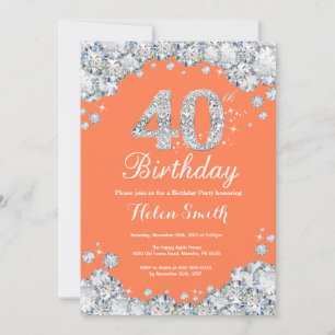 40th Birthday Coral and Silver Diamond Invitation