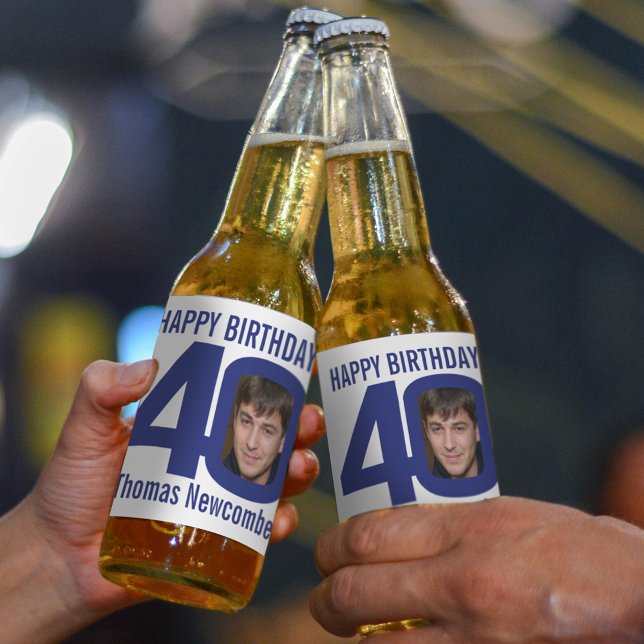 40th Birthday custom name navy blue white photo Beer Bottle Label (Creator Uploaded)