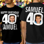 40th birthday custom name photo template white  T-Shirt<br><div class="desc">Happy 40th Birthday white text, custom front, and back photo, and name on th dark colour of your choice t-shirt. Fun 40th personalised photo in bold black and contrasting white birthday tee design. Personalise this birthday shirt with two photographs of the birthday person in the middle of the number 0...</div>