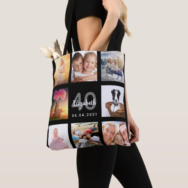 40th birthday custom photo collage woman black tote bag (Close Up)