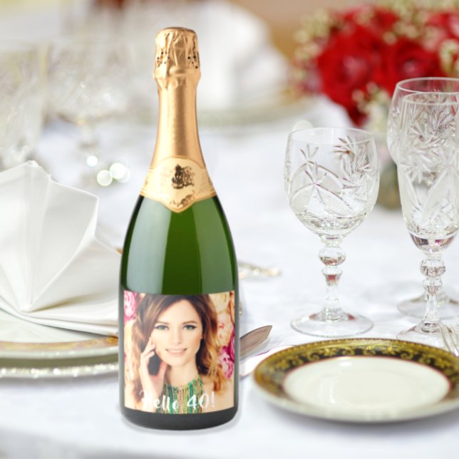 40th birthday custom photo hello 40 for women sparkling wine label (Creator Uploaded)