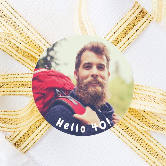 40th birthday custom photo hello 40 guys classic round sticker (Creator Uploaded)