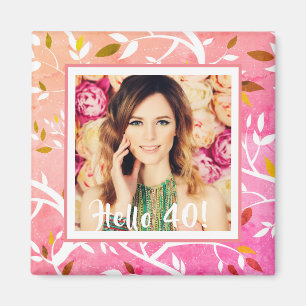 40th birthday custom photo pink botanical pattern magnet