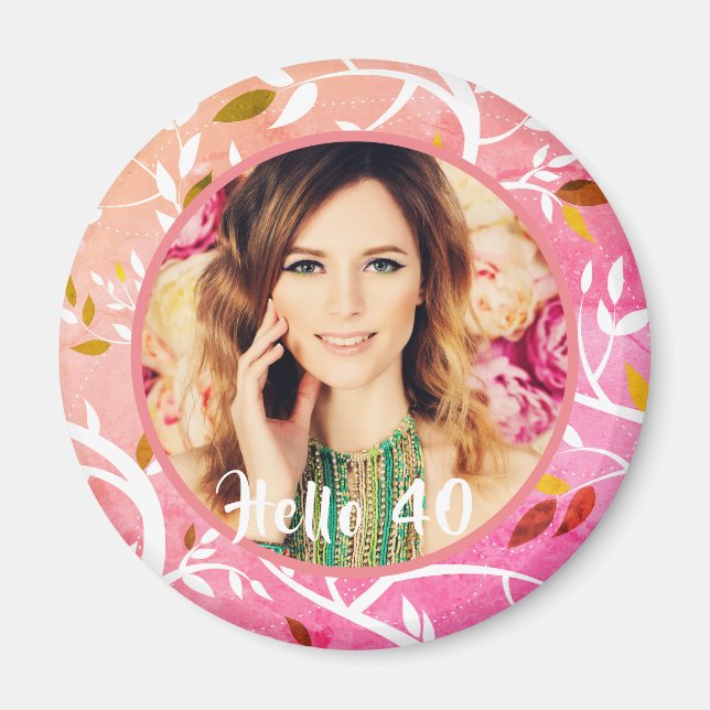 40th birthday custom photo pink botanical pattern magnet (Front)