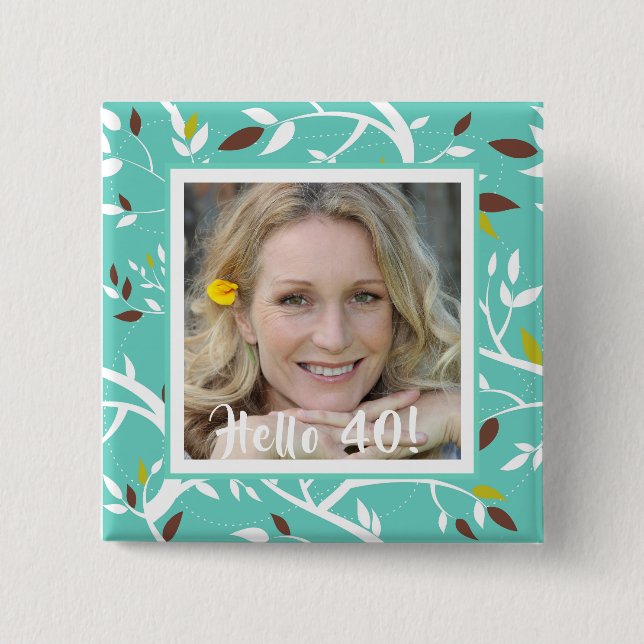 40th birthday custom photo teal botanical retro 15 cm square badge (Front)