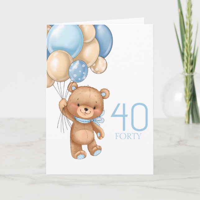 40TH birthday cute blue balloons boy teddy card (Front)