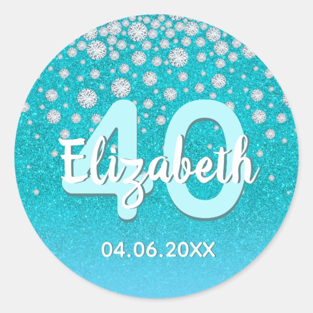 40th birthday diamonds glitter teal blue green classic round sticker (Front)