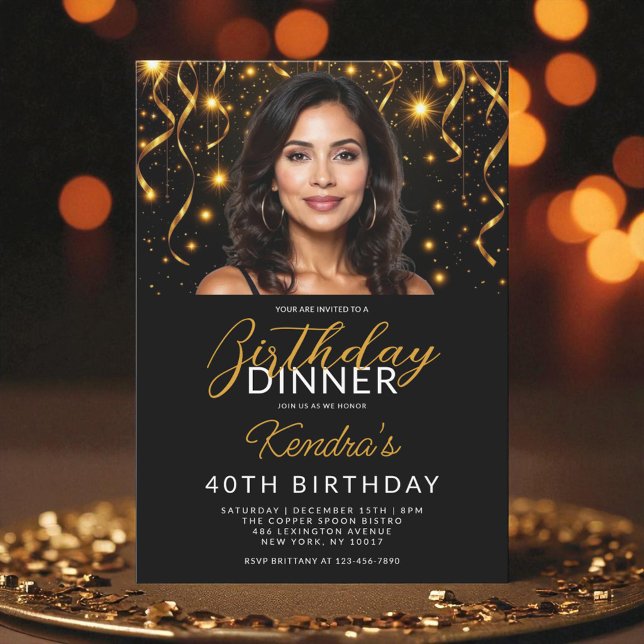 40th Birthday Dinner Gold and Black Photo Invitation (Creator Uploaded)