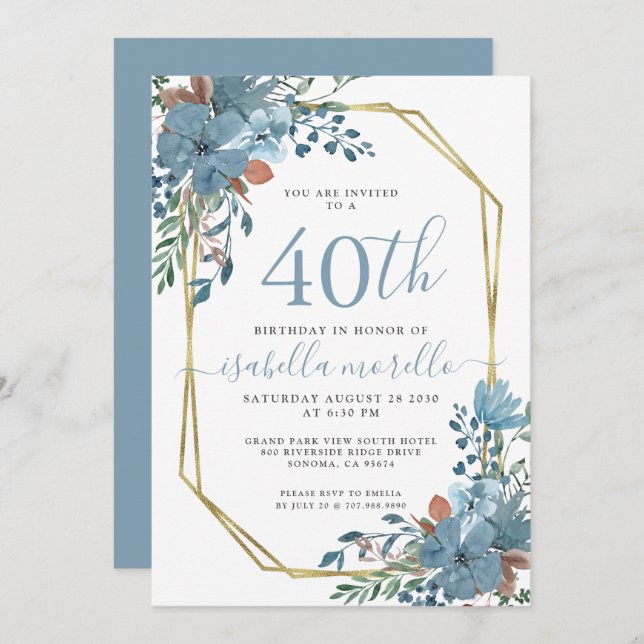 40th Birthday Dusty Blue Floral  Invitation (Front/Back)