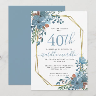 40th Birthday Dusty Blue Floral  Invitation
