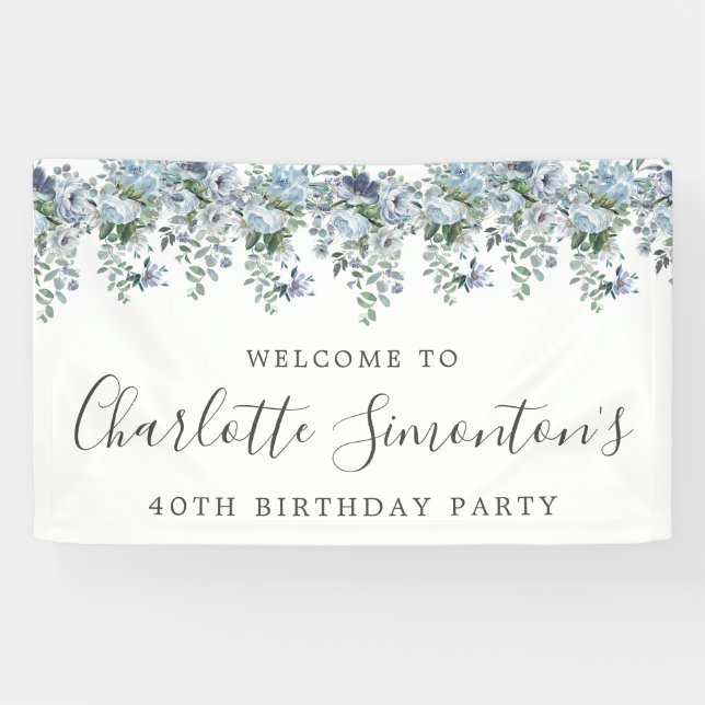 40th Birthday Dusty Blue Floral Welcome Banner (Horizontal)