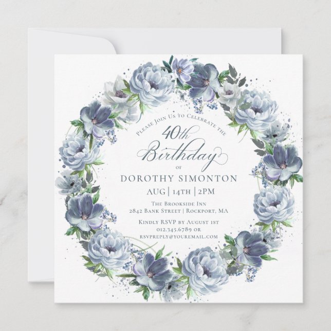 40th Birthday Dusty Blue Flower Wreath Invitation (Front)