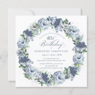 40th Birthday Dusty Blue Flower Wreath Invitation
