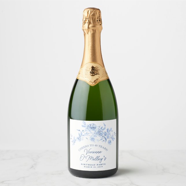 40th Birthday Dusty Blue Rose Floral Sparkling Wine Label (Front)