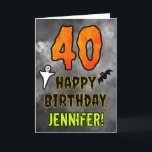 40th Birthday: Eerie Halloween Theme   Custom Name Card<br><div class="desc">The front of this spooky and scary Halloween themed birthday greeting card design features a large number “40”. It also features the message “HAPPY BIRTHDAY, ”, plus a customisable name. There are also depictions of a ghost and a bat on the front. The inside features a custom birthday greeting message,...</div>