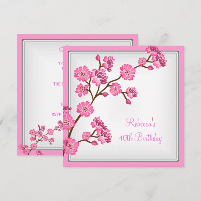 40th Birthday Elegant Asian Pink Flowers Invitation (Front/Back)