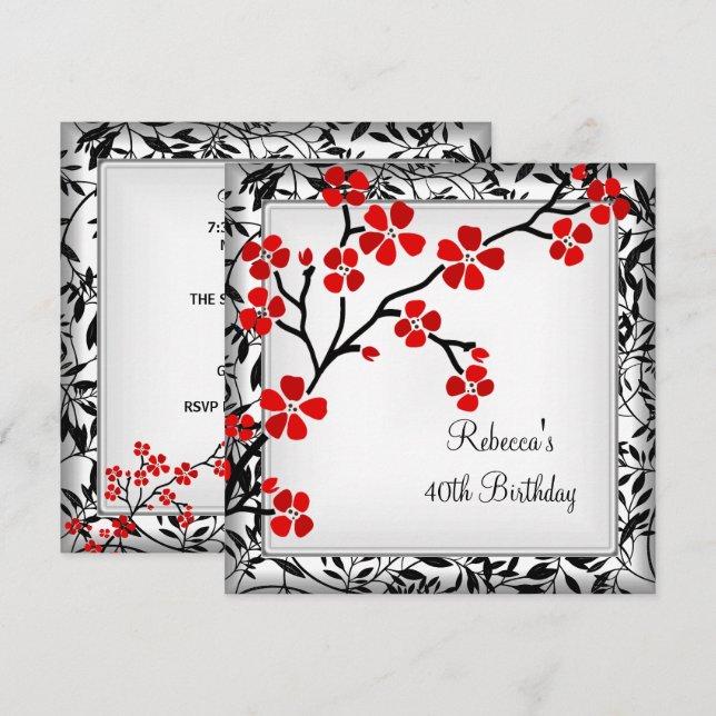 40th Birthday Elegant Asian Red Flowers White Invitation (Front/Back)